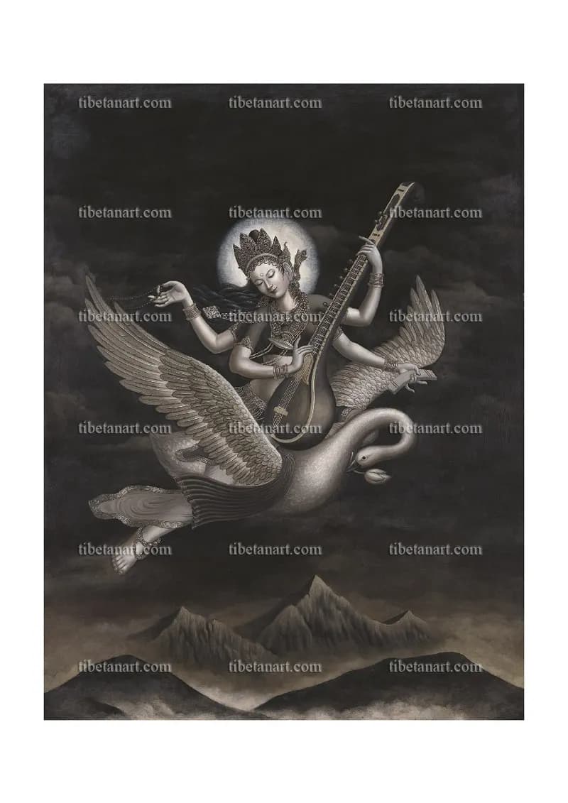 Sarasvati flying on her Swan