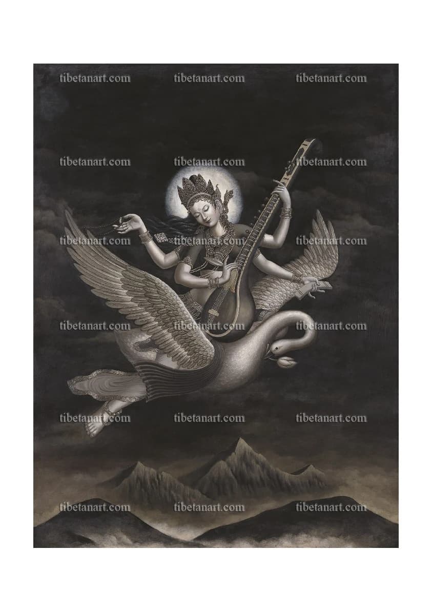 Sarasvati flying on her Swan
